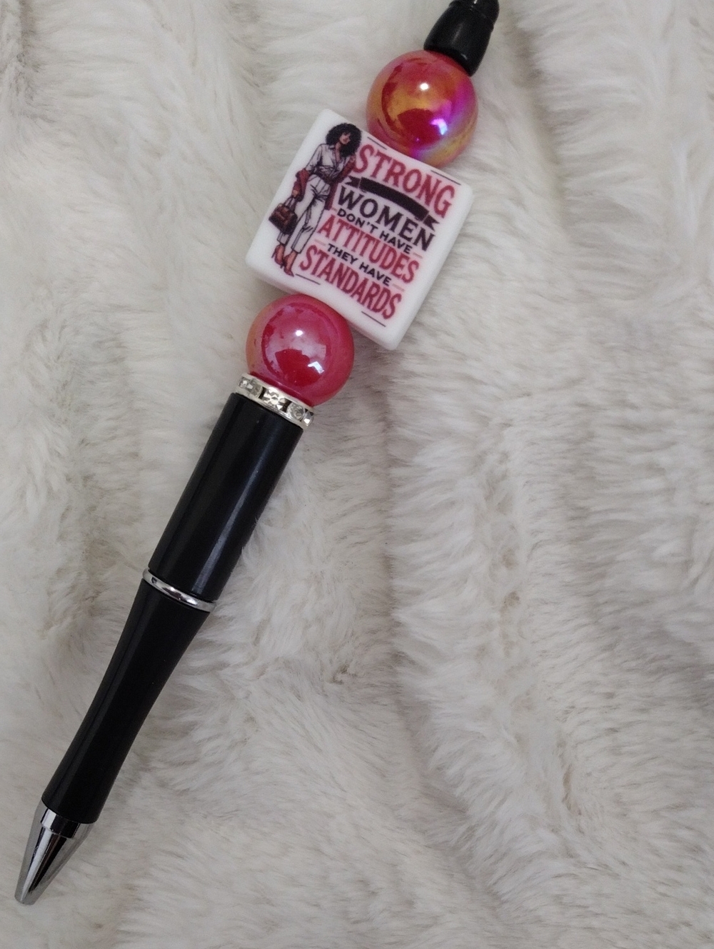 Black and Pink 'Strong Women' Beaded Statement Pen